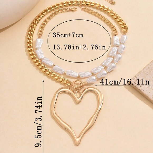 Gold Old Money Style Women's Exaggerated Metal Heart & Asymmetrical Faux Pearl N - Picture 5 of 5